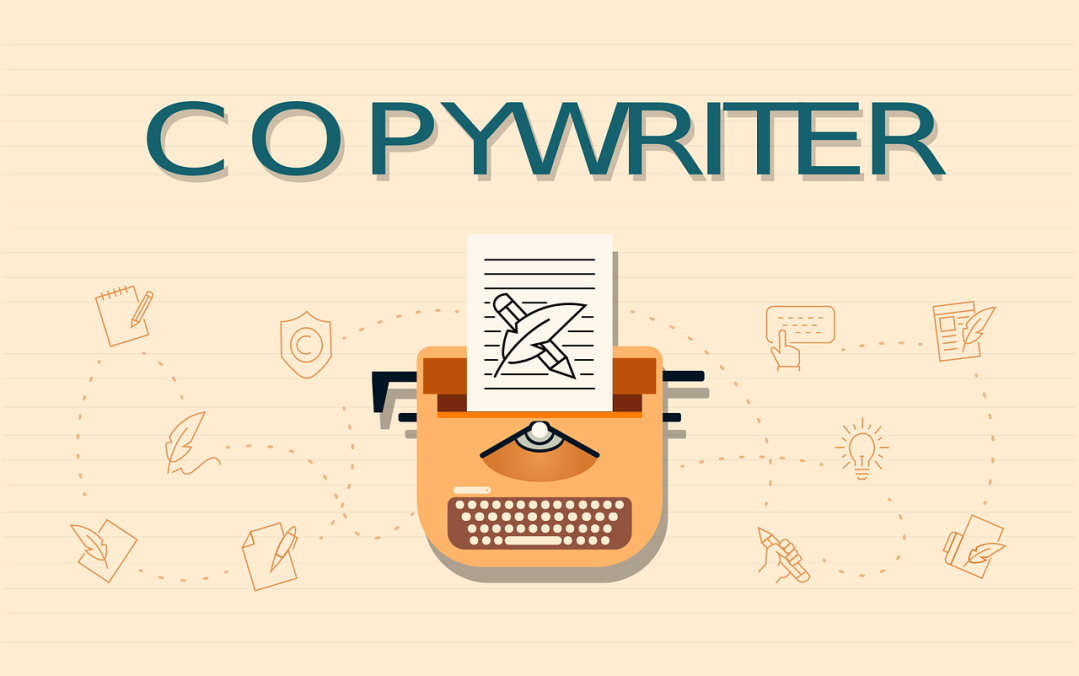 A vector image of a typewriter with the word copywriter above, used to introduce the idea that a former teacher can be an effective English copywriter