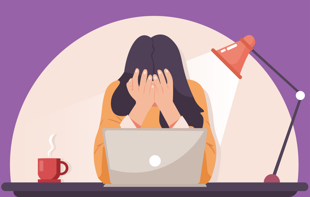 A vector image of a woman sitting at a desk with her head in her hands staring at a laptop because she's confused by which English verb tenses she should focus on